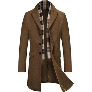 Men's Wool Coat Scarf Notched Collar Single Breasted Pea Coat Trench Overcoat